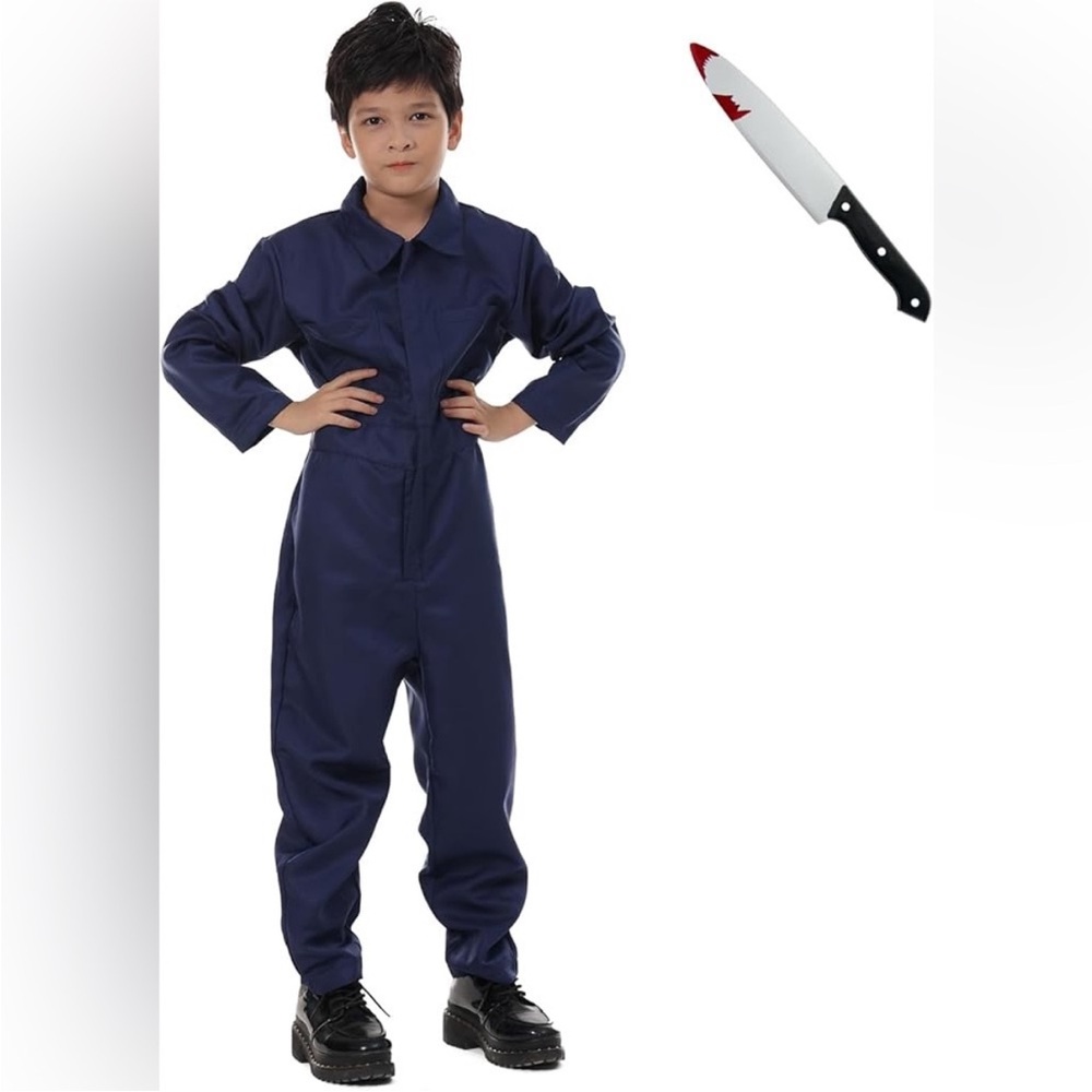 Michael Myers Kids Halloween Costume - Navy Blue Jumpsuit & Toy Knife